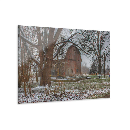 U R There Photography Bishop Road Winter Red Rustic Farmhouse Acrylic Wall Print