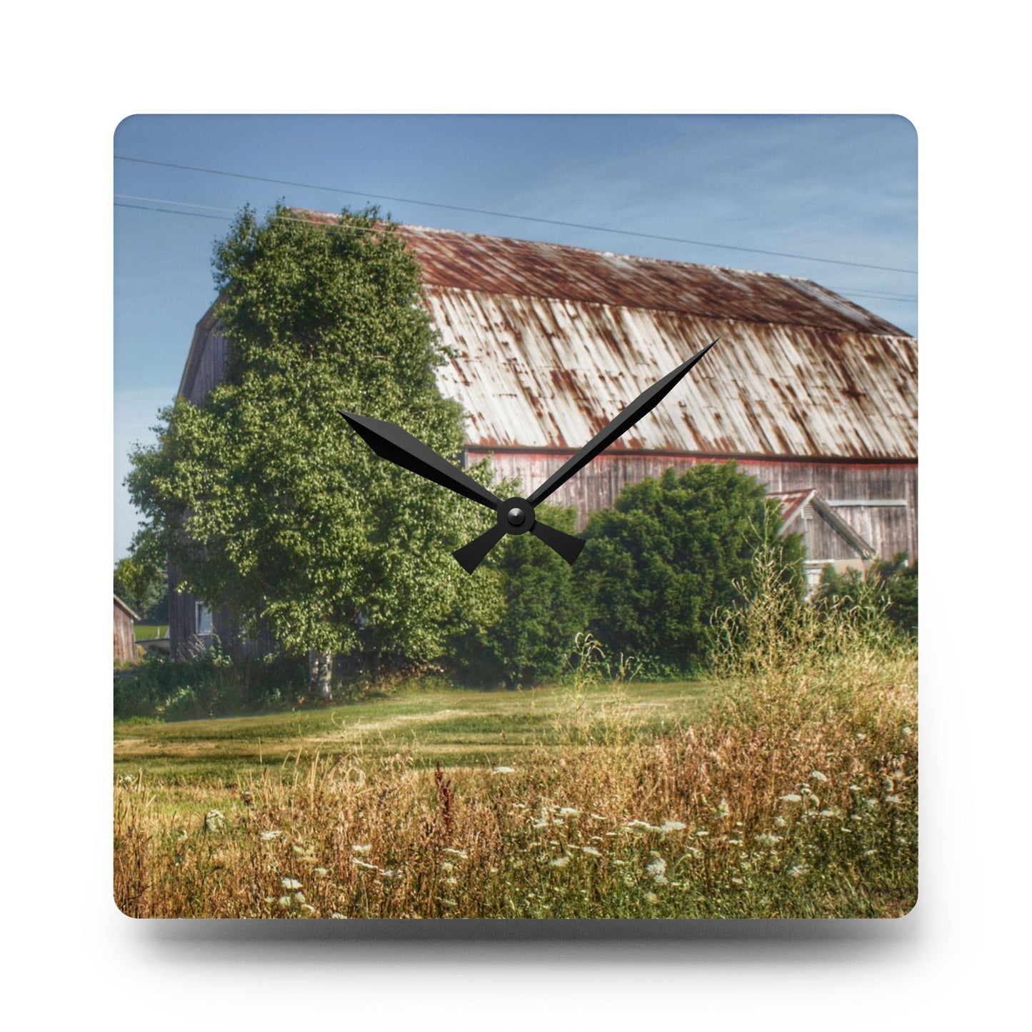 U R There Photography Barkley Road Red in Summer II Rustic Farmhouse Acrylic Analog Wall Clock