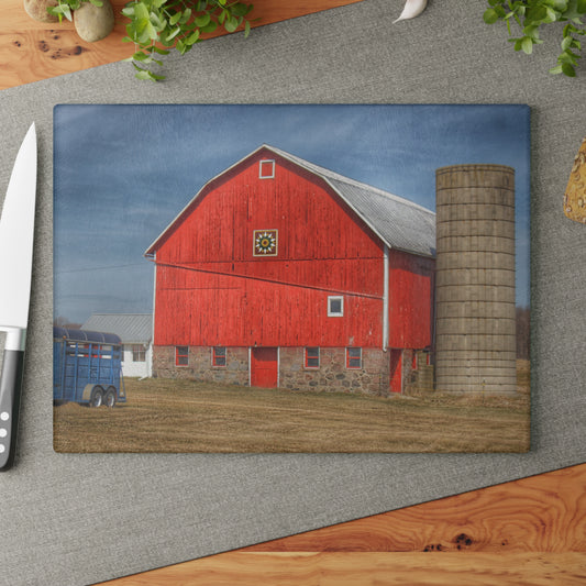 U R There Photography West Brown Road Quilted Red Rustic Farmhouse Tempered-Glass Cutting Board
