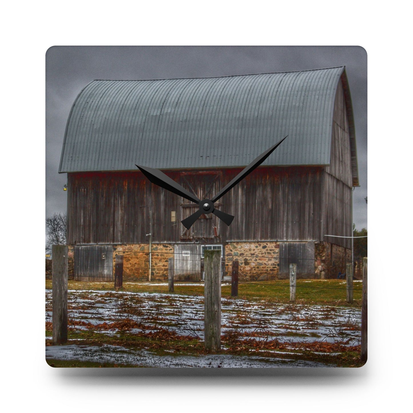 U R There Photography Schott Road Grey III Rustic Farmhouse Acrylic Analog Wall Clock