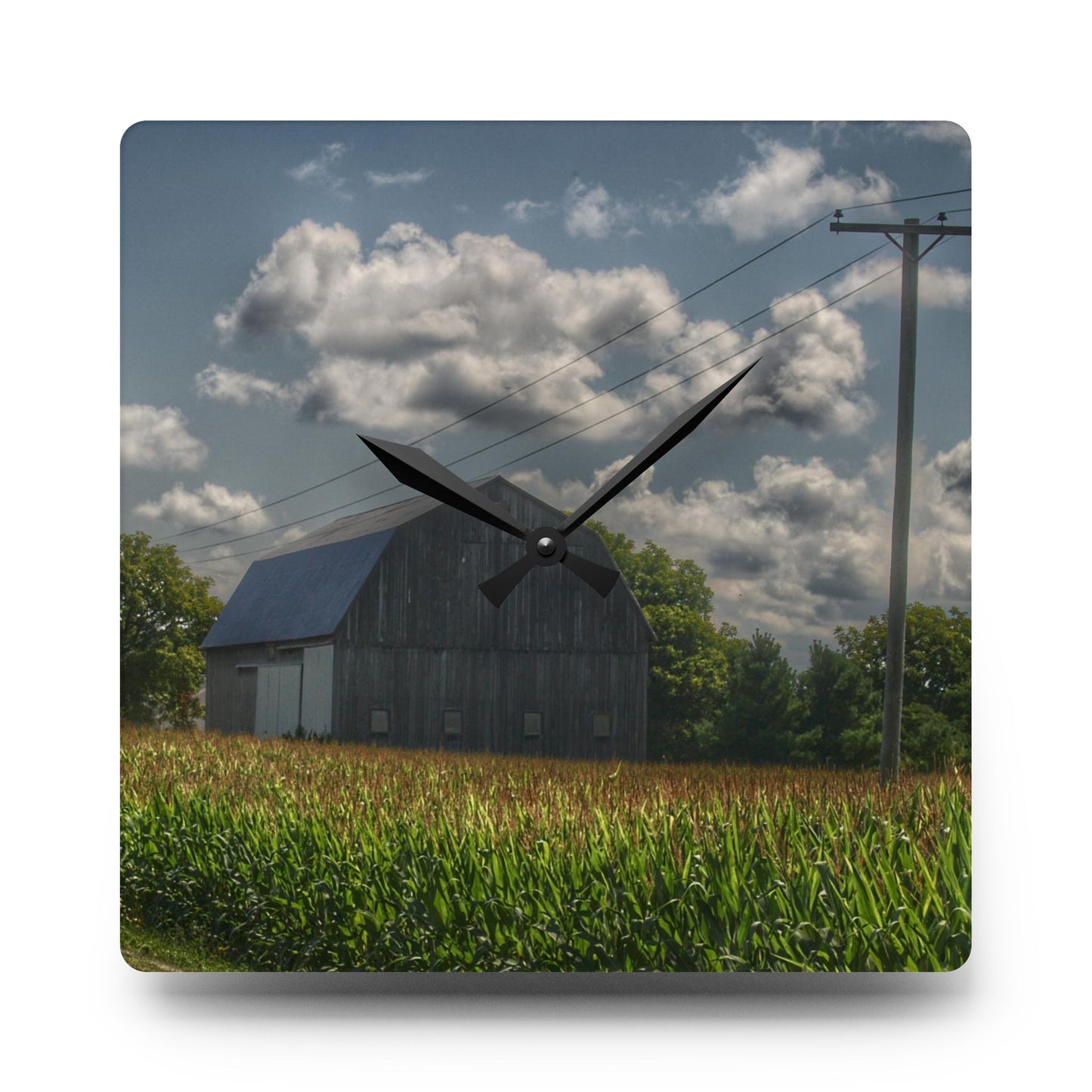 U R There Photography Grey Barn in a Cornfield Rustic Farmhouse Acrylic Analog Wall Clock