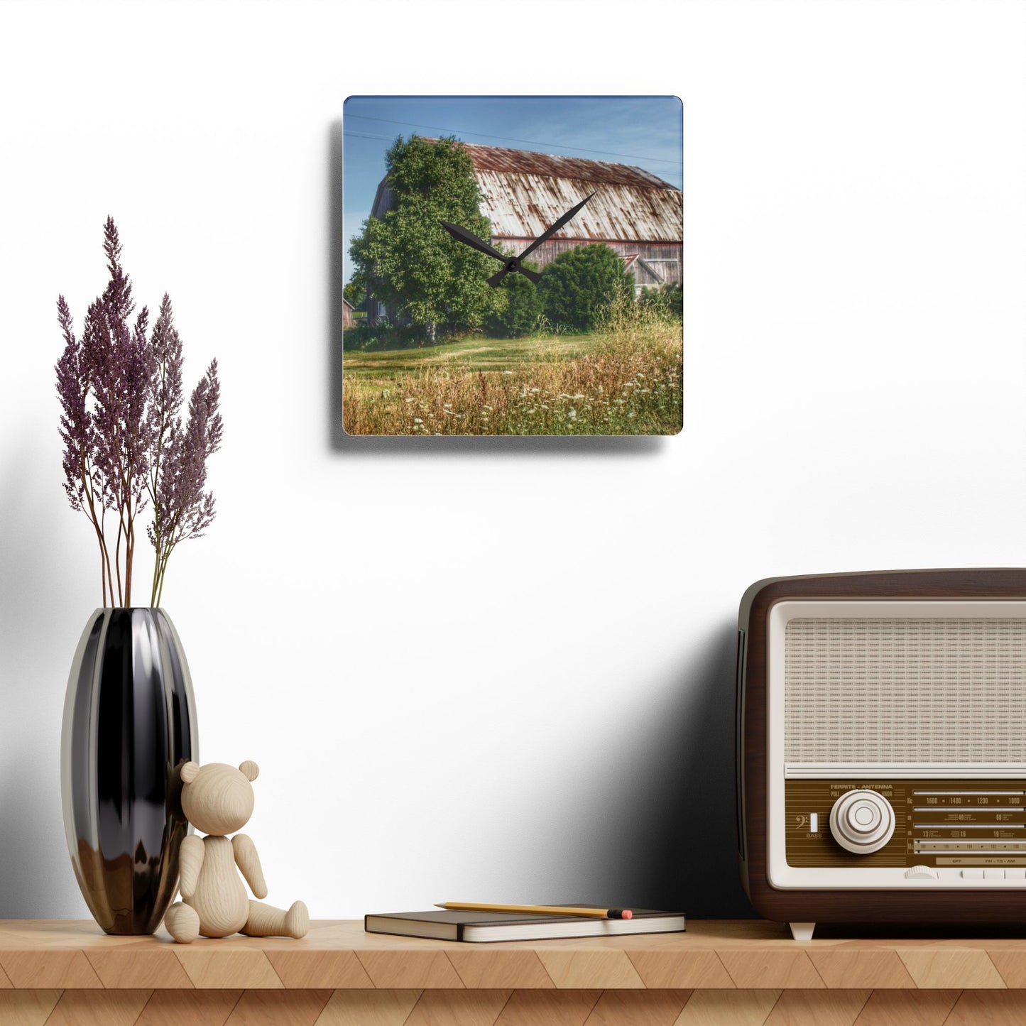 U R There Photography Barkley Road Red in Summer II Rustic Farmhouse Acrylic Analog Wall Clock