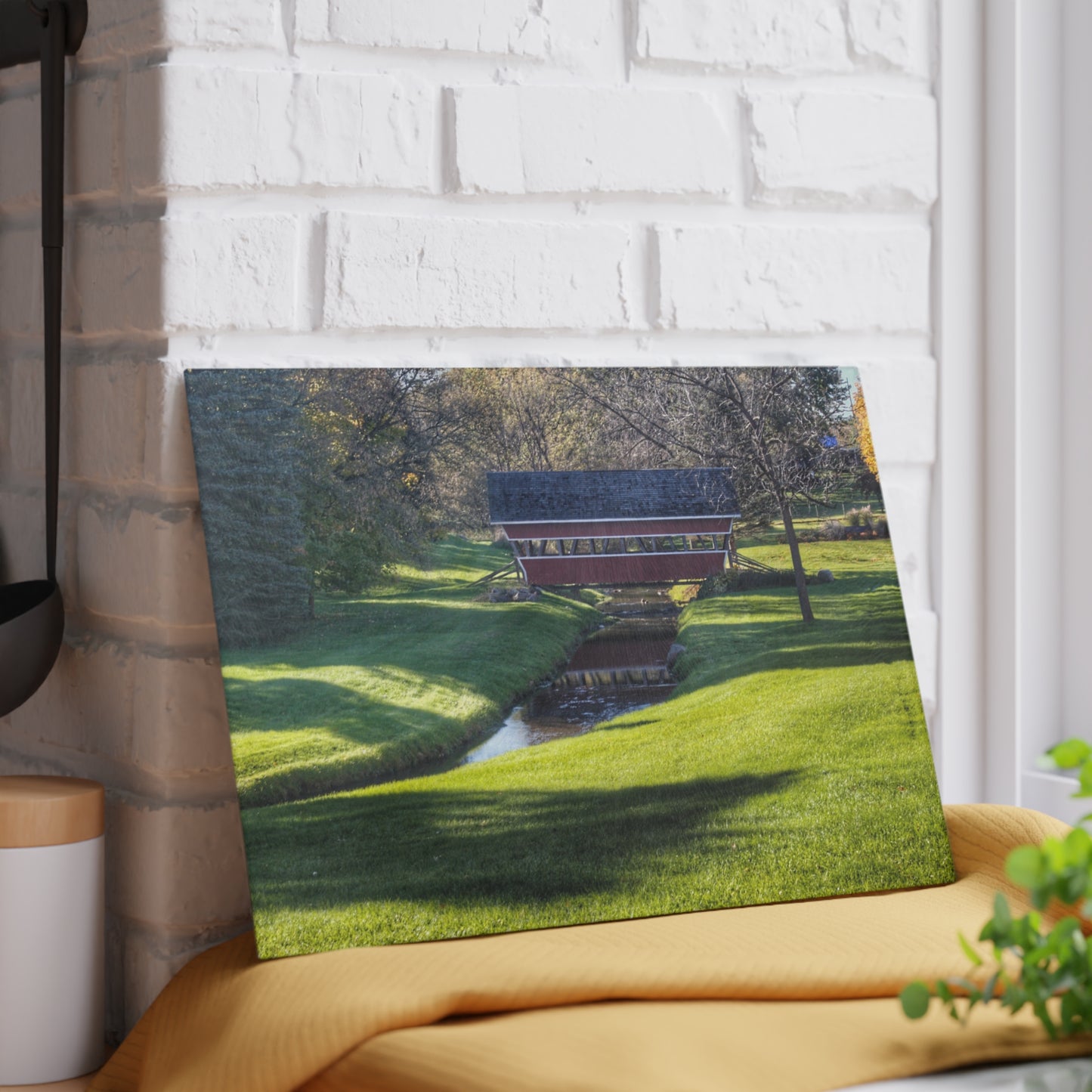 U R There Photography Hadley Covered Bridge I Rustic Farmhouse Tempered-Glass Cutting Board