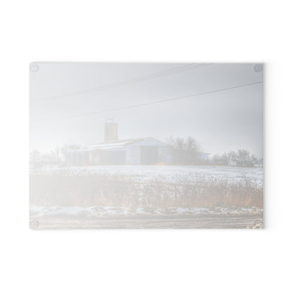 U R There Photography Noble Road Blue Cow Barn Rustic Farmhouse Tempered-Glass Cutting Board
