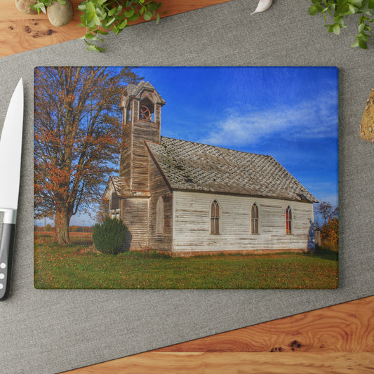 U R There Photography Schoolhouse of Marlette Road I Rustic Farmhouse Tempered-Glass Cutting Board