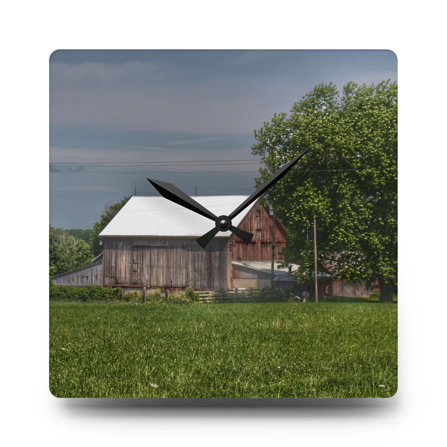 U R There Photography Castle Road Cow Barn III Rustic Farmhouse Acrylic Analog Wall Clock