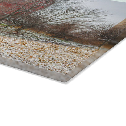 U R There Photography Hough Road Hidden Winter Red II Rustic Farmhouse Tempered-Glass Cutting Board