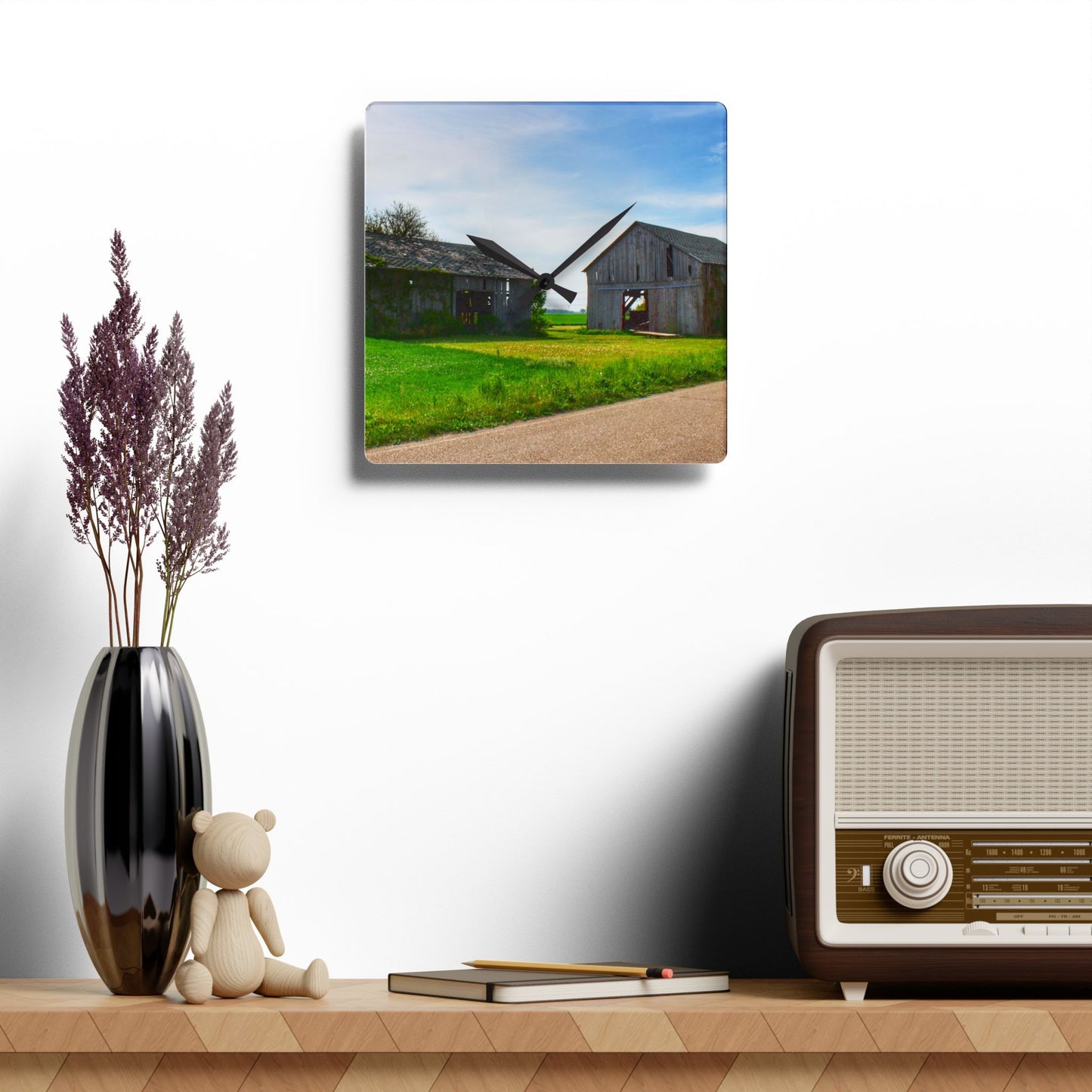 U R There Photography Caro Road Twin Greys I Rustic Farmhouse Acrylic Analog Wall Clock
