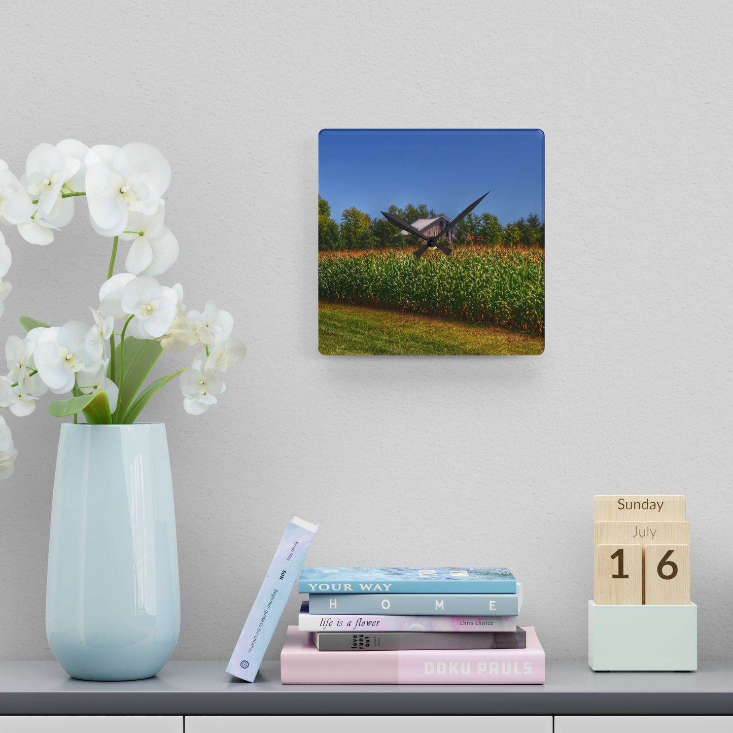U R There Photography Beyond the Corn on Birch Road Run Rustic Farmhouse Acrylic Analog Wall Clock