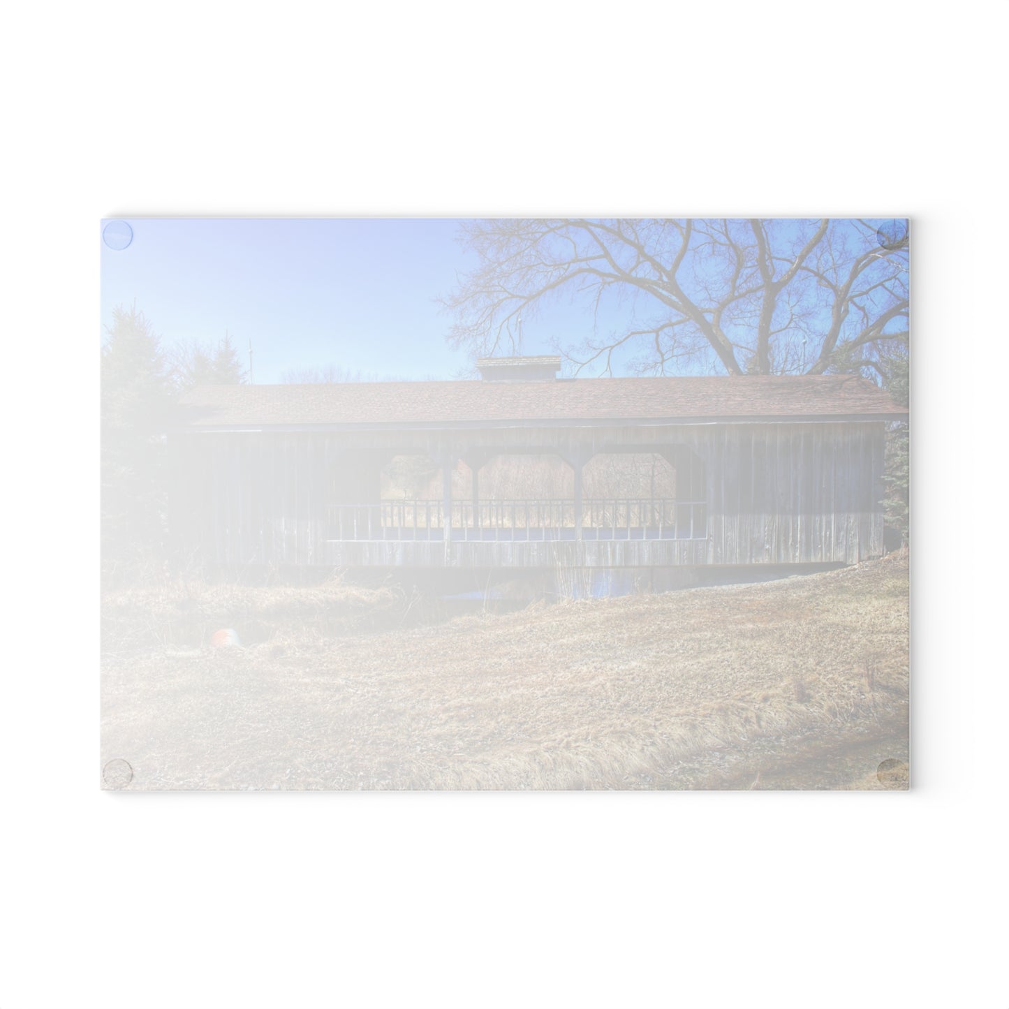 U R There Photography Covered Bridge of Campground Road II Rustic Farmhouse Tempered-Glass Cutting Board