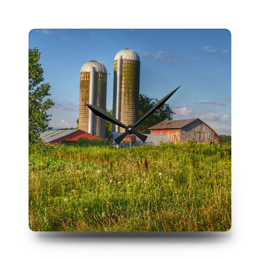 Morrish Road Silos II Rustic Farmhouse Acrylic Analog Wall Clock 10.75'' × 10.75'' (Square)