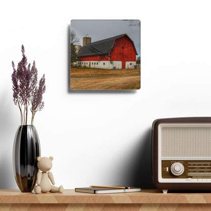 U R There Photography Hunters Creek Red Cow Barn II Rustic Farmhouse Acrylic Analog Wall Clock