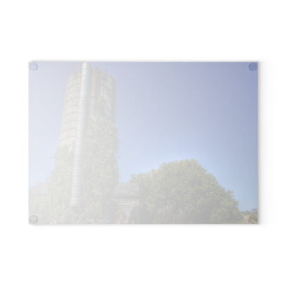 U R There Photography Bordman Road Old Grey and Silo I Rustic Farmhouse Tempered-Glass Cutting Board