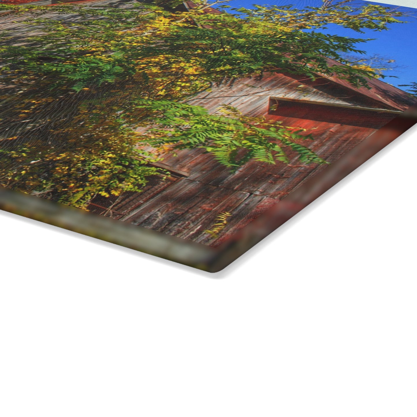 U R There Photography Oxford Rusted Red in Fall Rustic Farmhouse Tempered-Glass Cutting Board