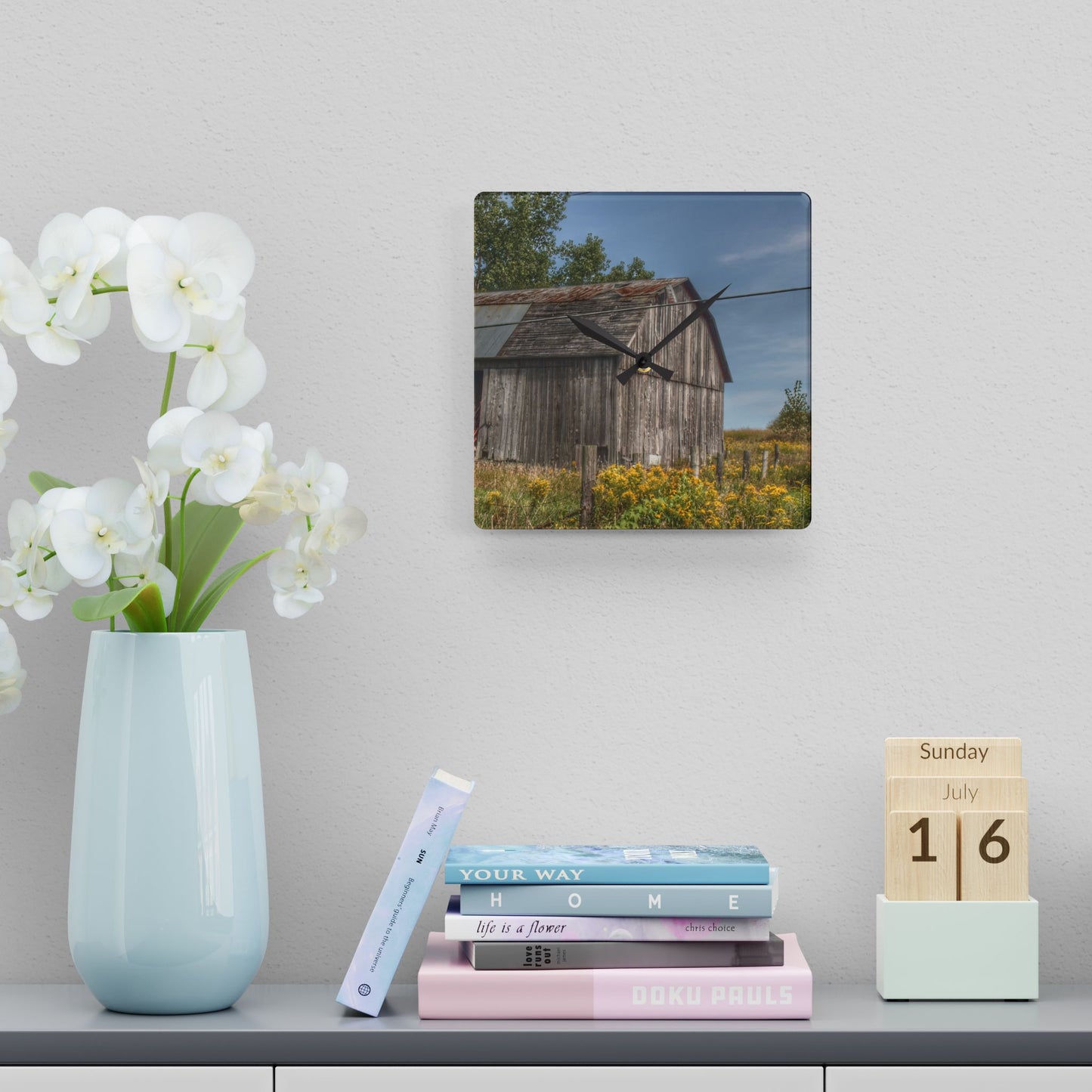 U R There Photography Schott Road Grey I Rustic Farmhouse Acrylic Analog Wall Clock