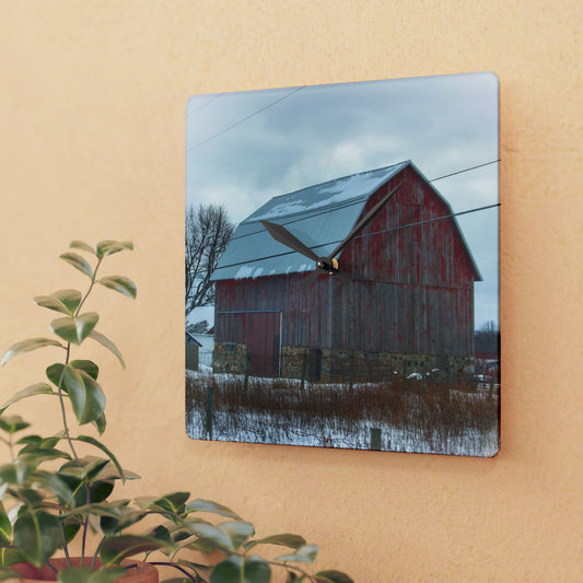 U R There Photography Lake Pleasant Stone Red and Little Grey Rustic Farmhouse Acrylic Analog Wall Clock