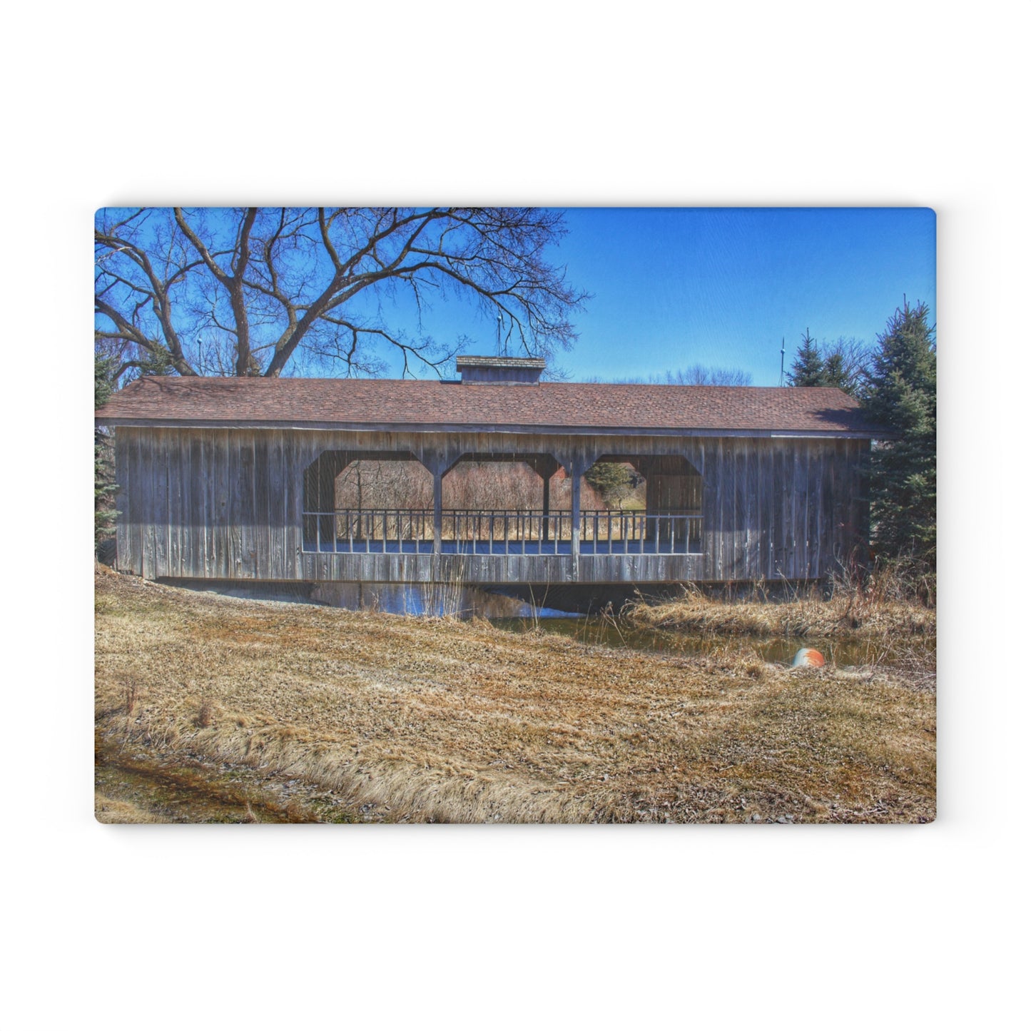 Barn Boutique Rustic Tempered-Glass Cutting Board| Covered Bridge of Campground Road II