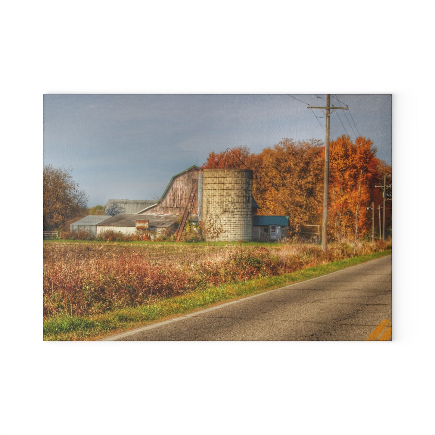 U R There Photography Plumb Creek Road Red in Fall II Rustic Farmhouse Tempered-Glass Cutting Board