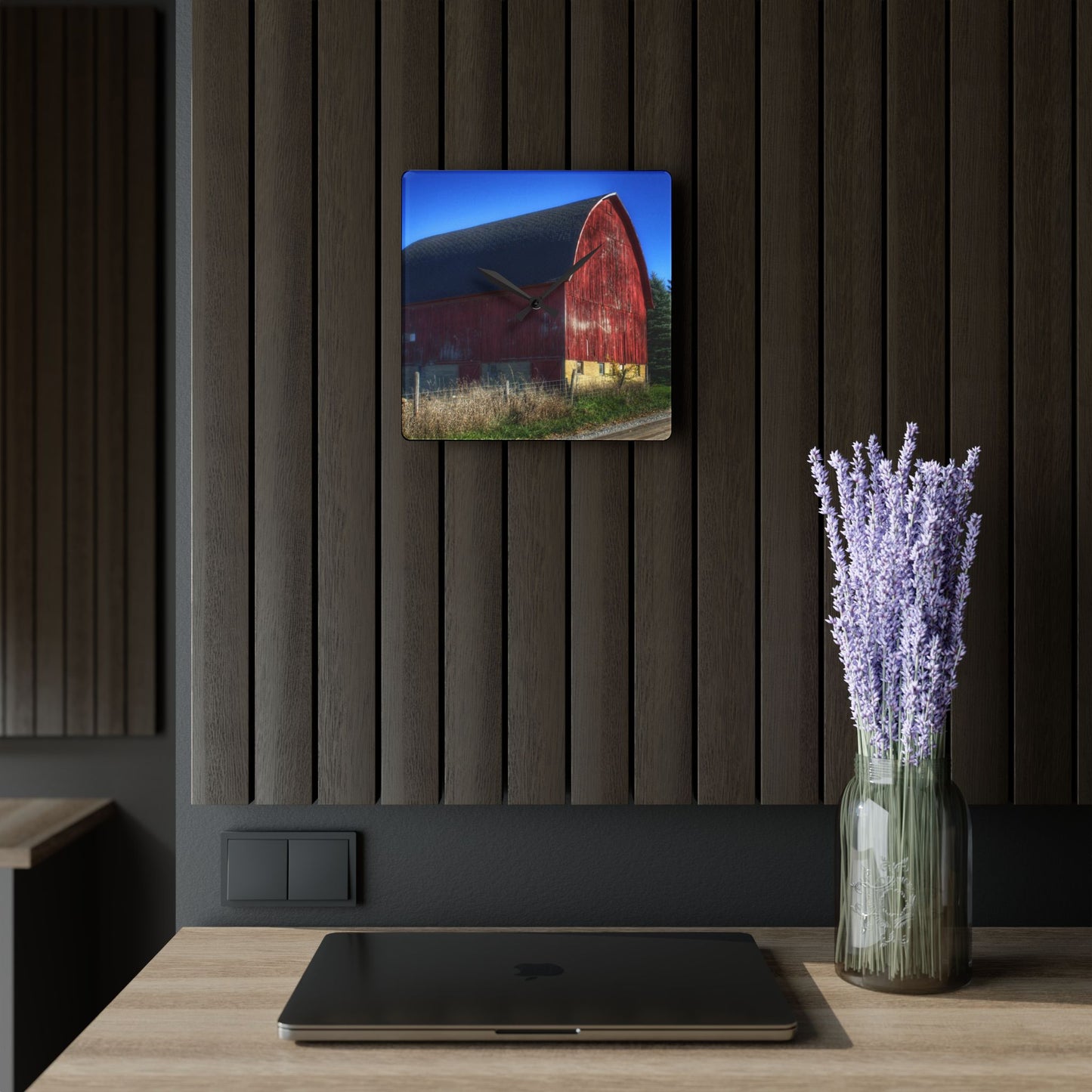U R There Photography Big Roadside Red Rustic Farmhouse Acrylic Analog Wall Clock