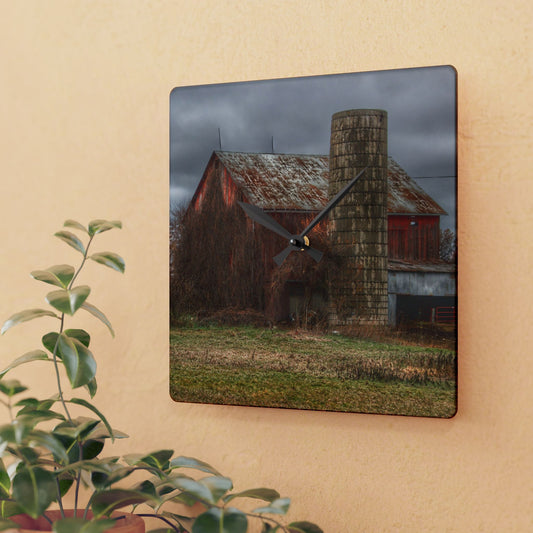 U R There Photography Slattery Road Old Red and Silo II Rustic Farmhouse Acrylic Analog Wall Clock