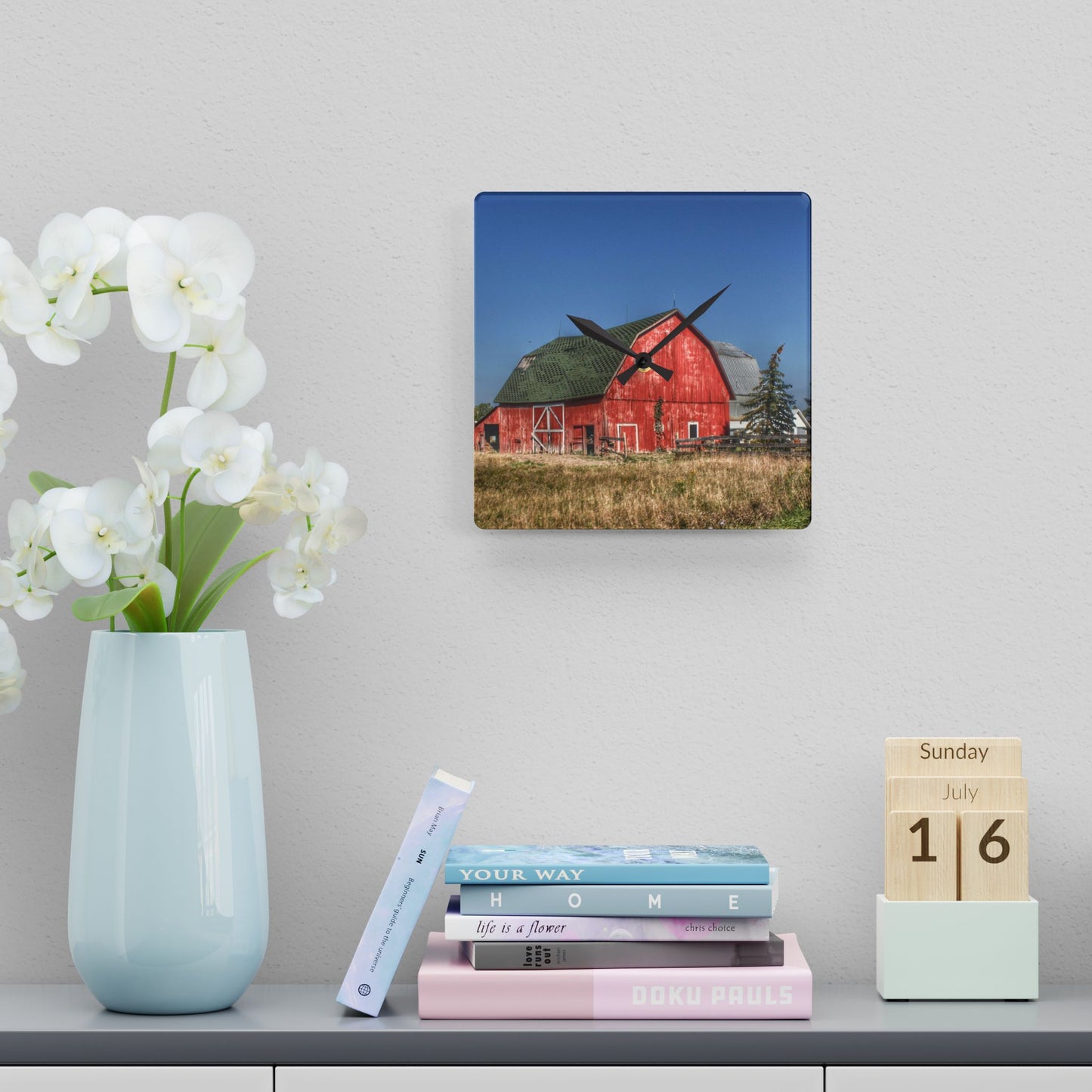 U R There Photography Elmwood Road Red III Rustic Farmhouse Acrylic Analog Wall Clock