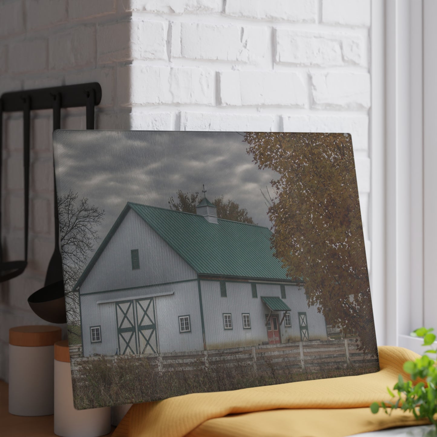 U R There Photography Millville White Rustic Farmhouse Tempered-Glass Cutting Board