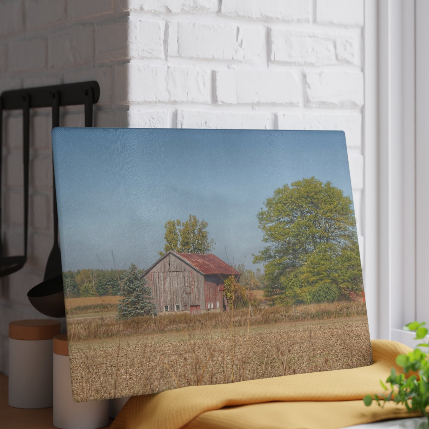U R There Photography Brown City Wellman Line Road Little Red Rustic Farmhouse Tempered-Glass Cutting Board