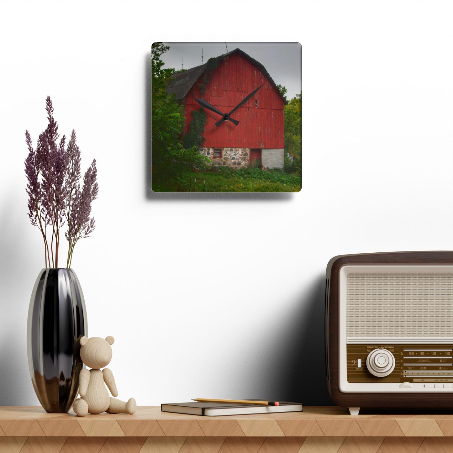 U R There Photography Brown Road Hidden Red I Rustic Farmhouse Acrylic Analog Wall Clock