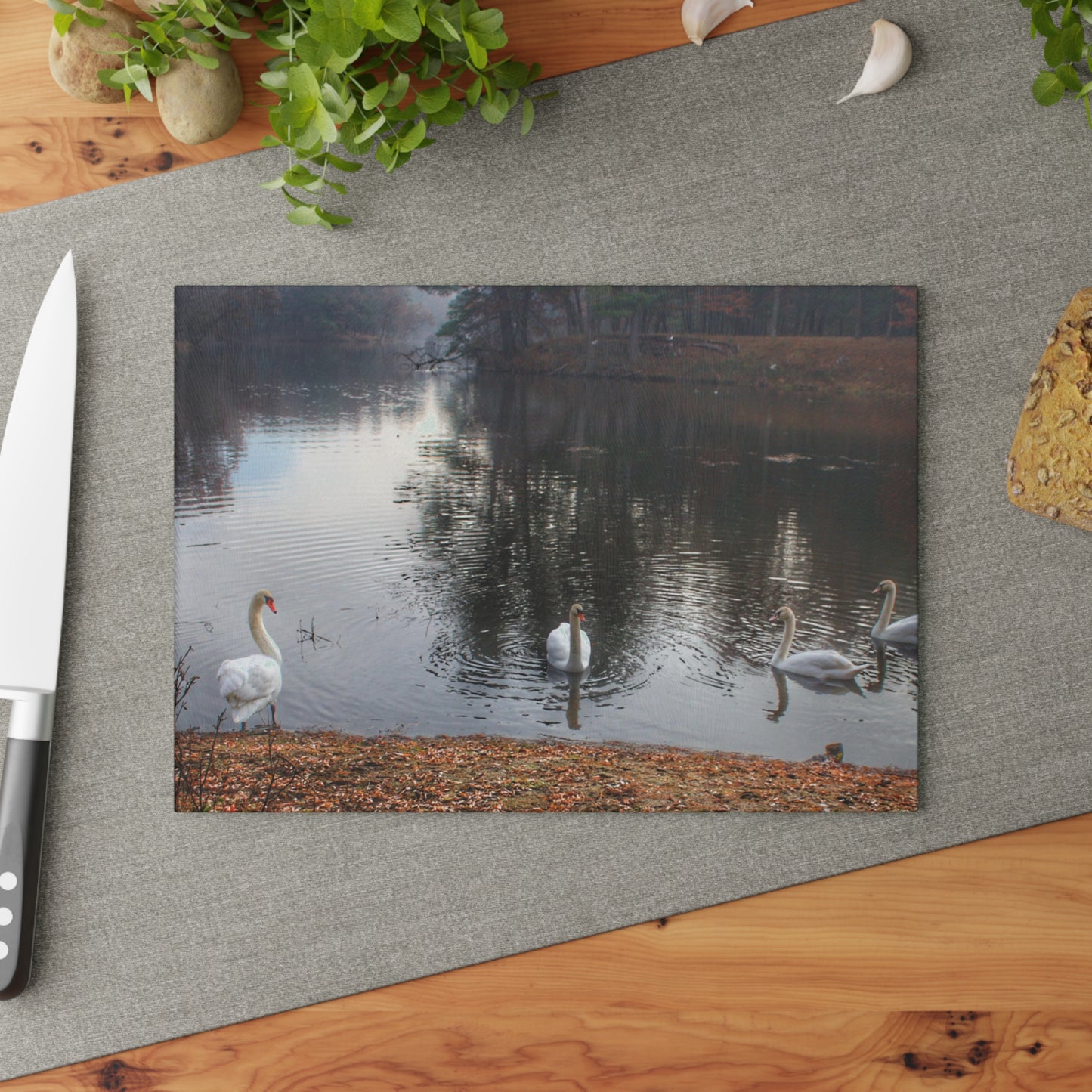 U R There Photography Swans of Duck Lake I Rustic Farmhouse Tempered-Glass Cutting Board
