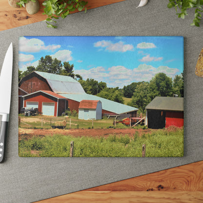 U R There Photography McKeen Lake Road Reds II Rustic Farmhouse Tempered-Glass Cutting Board