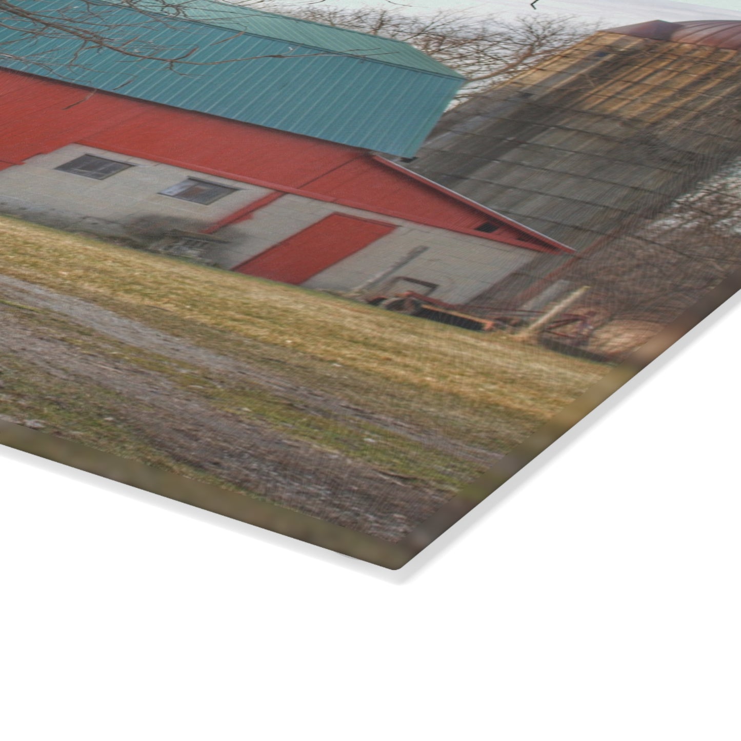 U R There Photography Wilson Road Red and Silo I Rustic Farmhouse Tempered-Glass Cutting Board