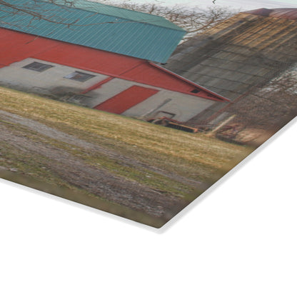 U R There Photography Wilson Road Red and Silo I Rustic Farmhouse Tempered-Glass Cutting Board