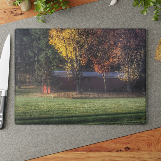 U R There Photography Red Barn on Foggy Fall Morning Rustic Farmhouse Tempered-Glass Cutting Board