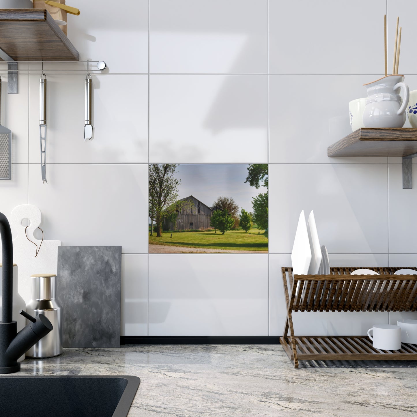 U R There Photography Caro Road Twin Greys II Rustic Farmhouse Decorative Ceramic Tile