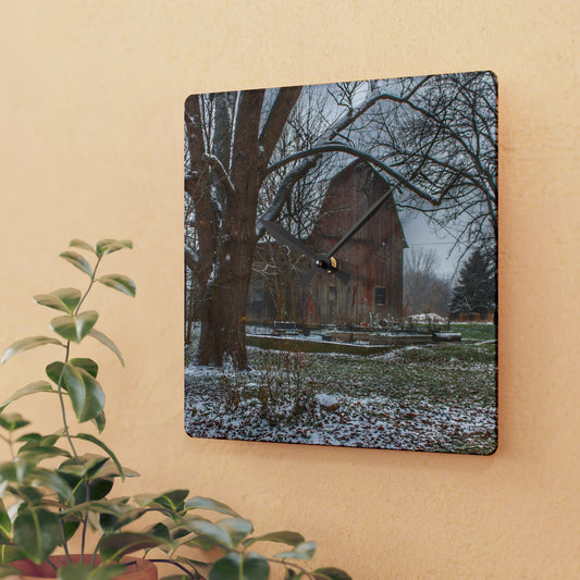 U R There Photography Bishop Road Winter Red Rustic Farmhouse Acrylic Analog Wall Clock