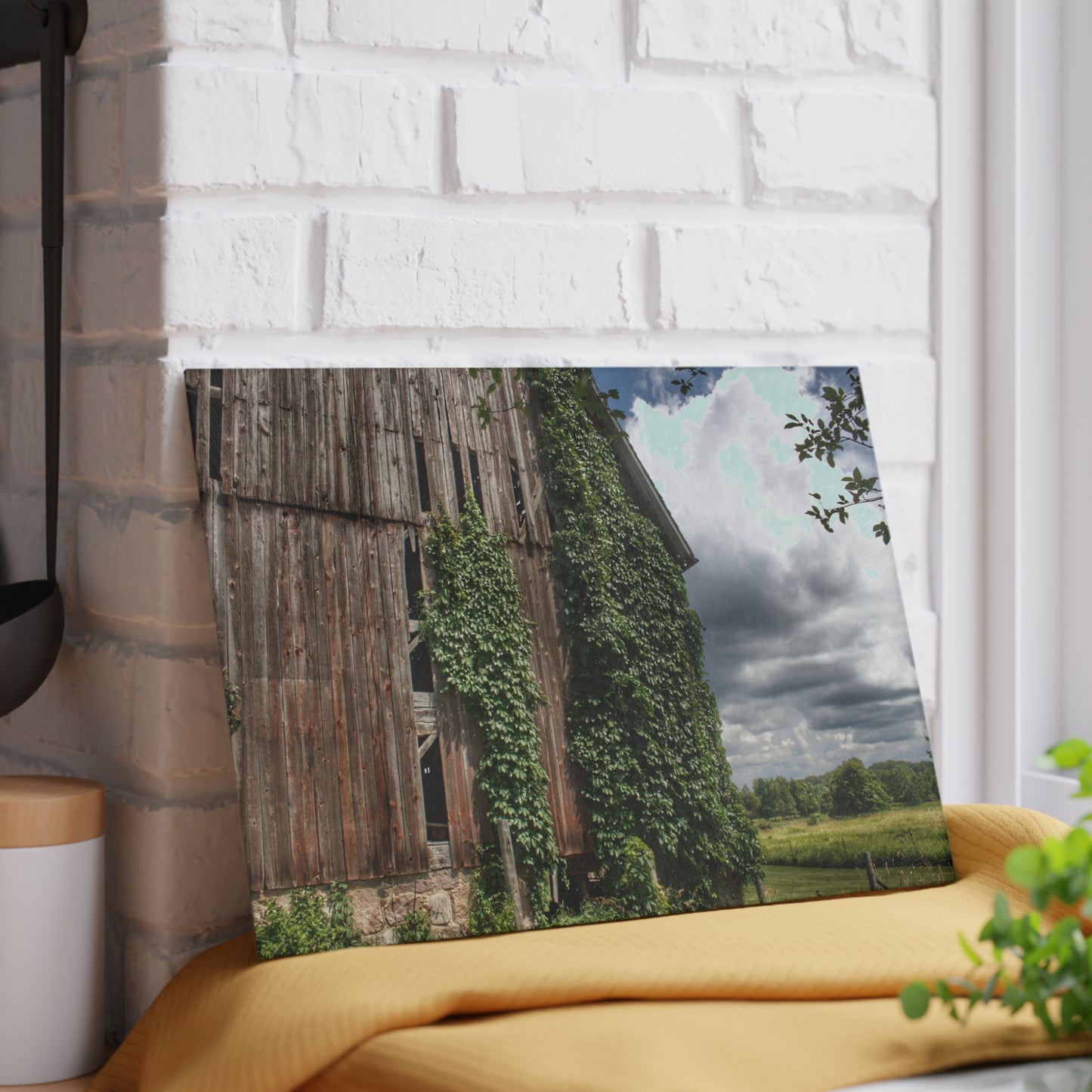 U R There Photography North Branch Ivy Grey II Rustic Farmhouse Tempered-Glass Cutting Board