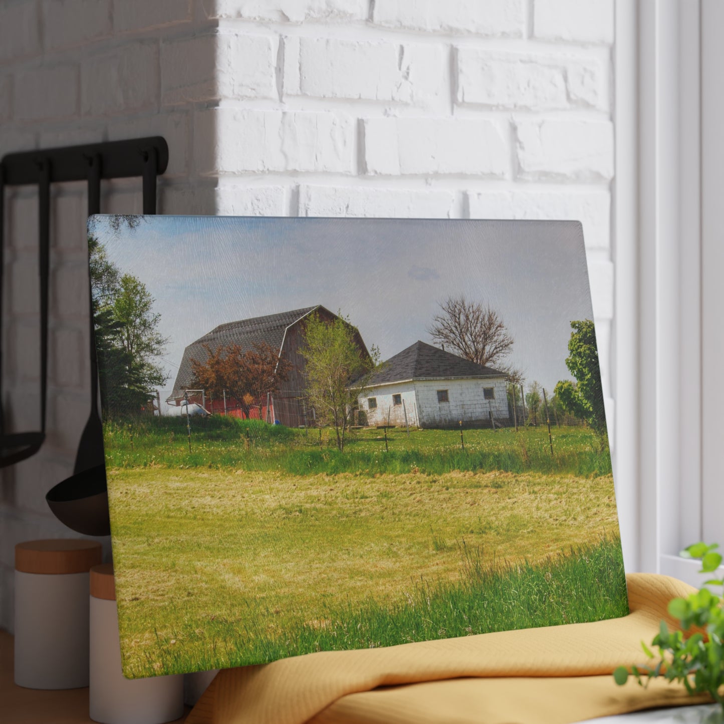 U R There Photography Colwood Hidden Red and Little White Rustic Farmhouse Tempered-Glass Cutting Board
