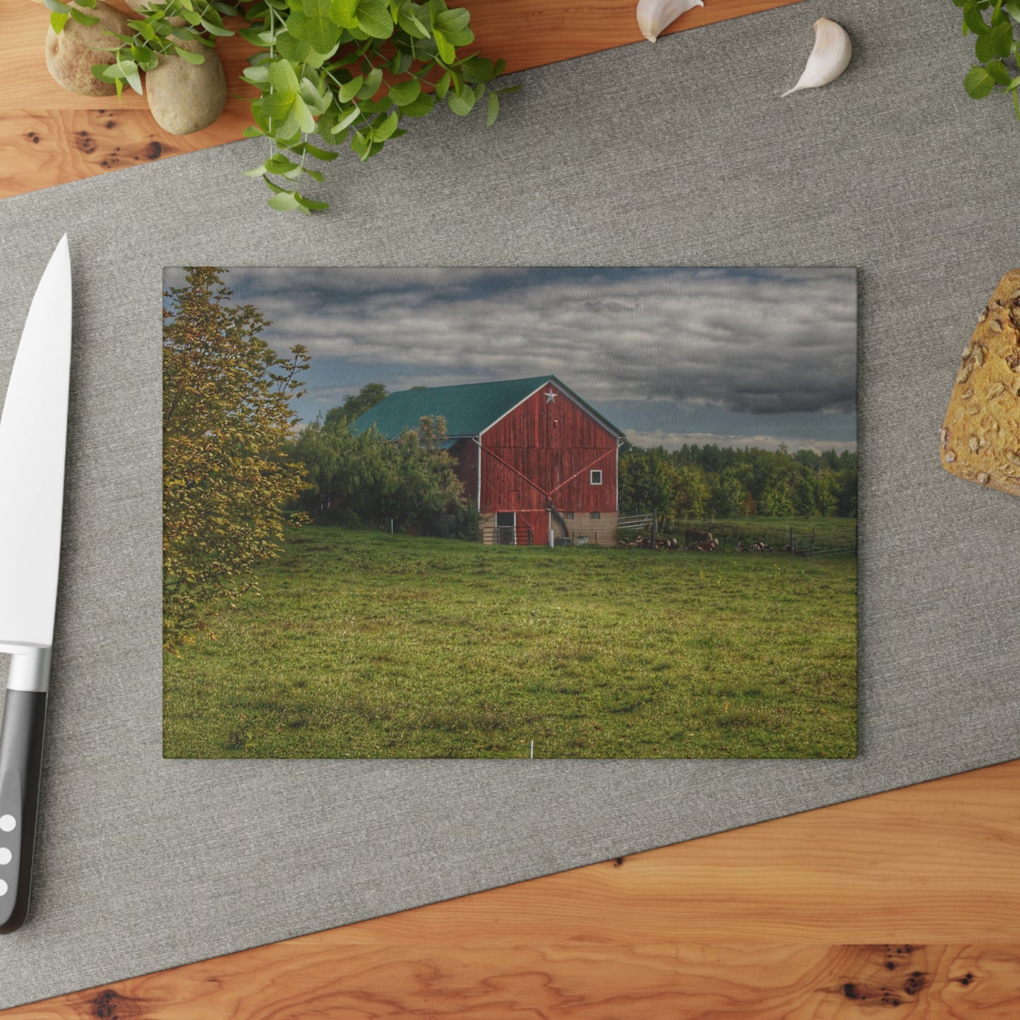 U R There Photography Kingston Plain Road Cow Barn Rustic Farmhouse Tempered-Glass Cutting Board