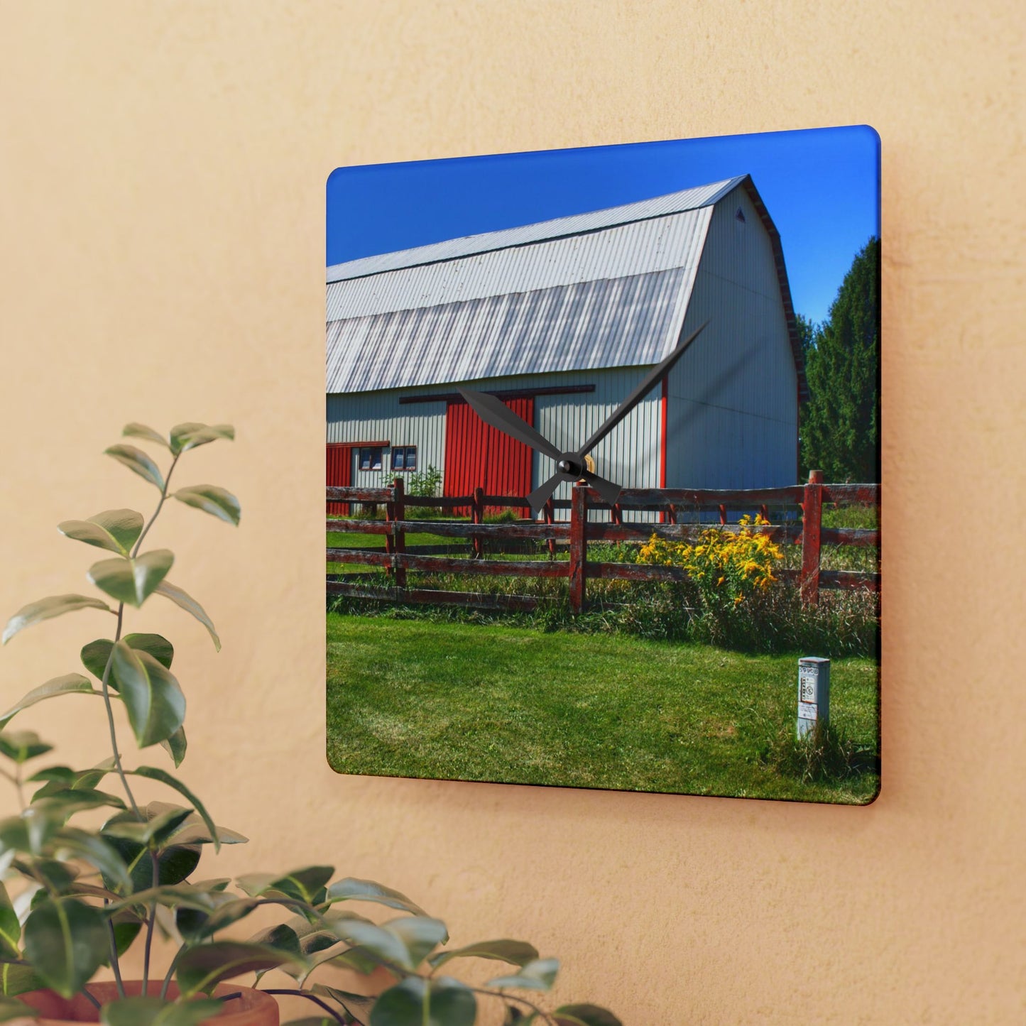 U R There Photography Bishop Road Beyond the Fence Rustic Farmhouse Acrylic Analog Wall Clock