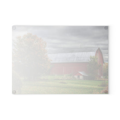 U R There Photography Columbiaville Red in Fall II Rustic Farmhouse Tempered-Glass Cutting Board
