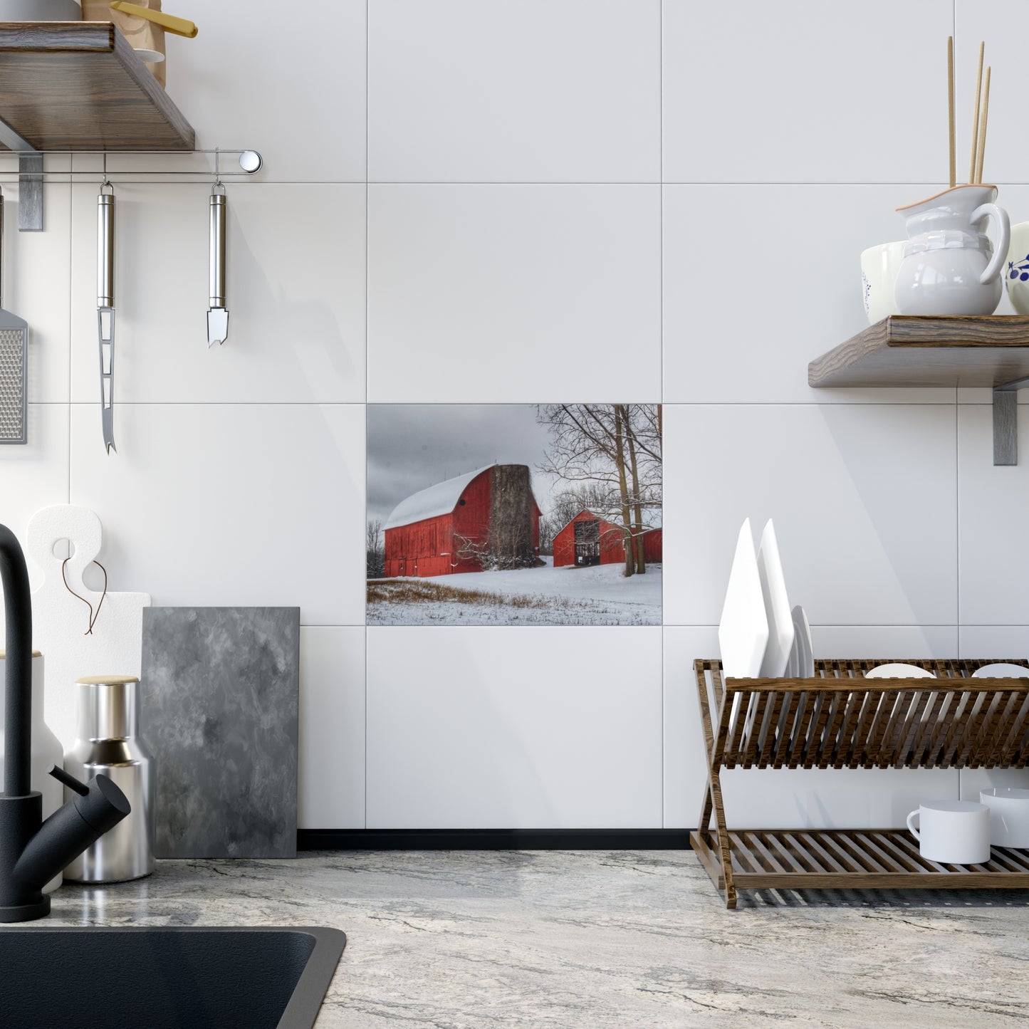 U R There Photography Catlin Reds in Winter I Rustic Farmhouse Decorative Ceramic Tile