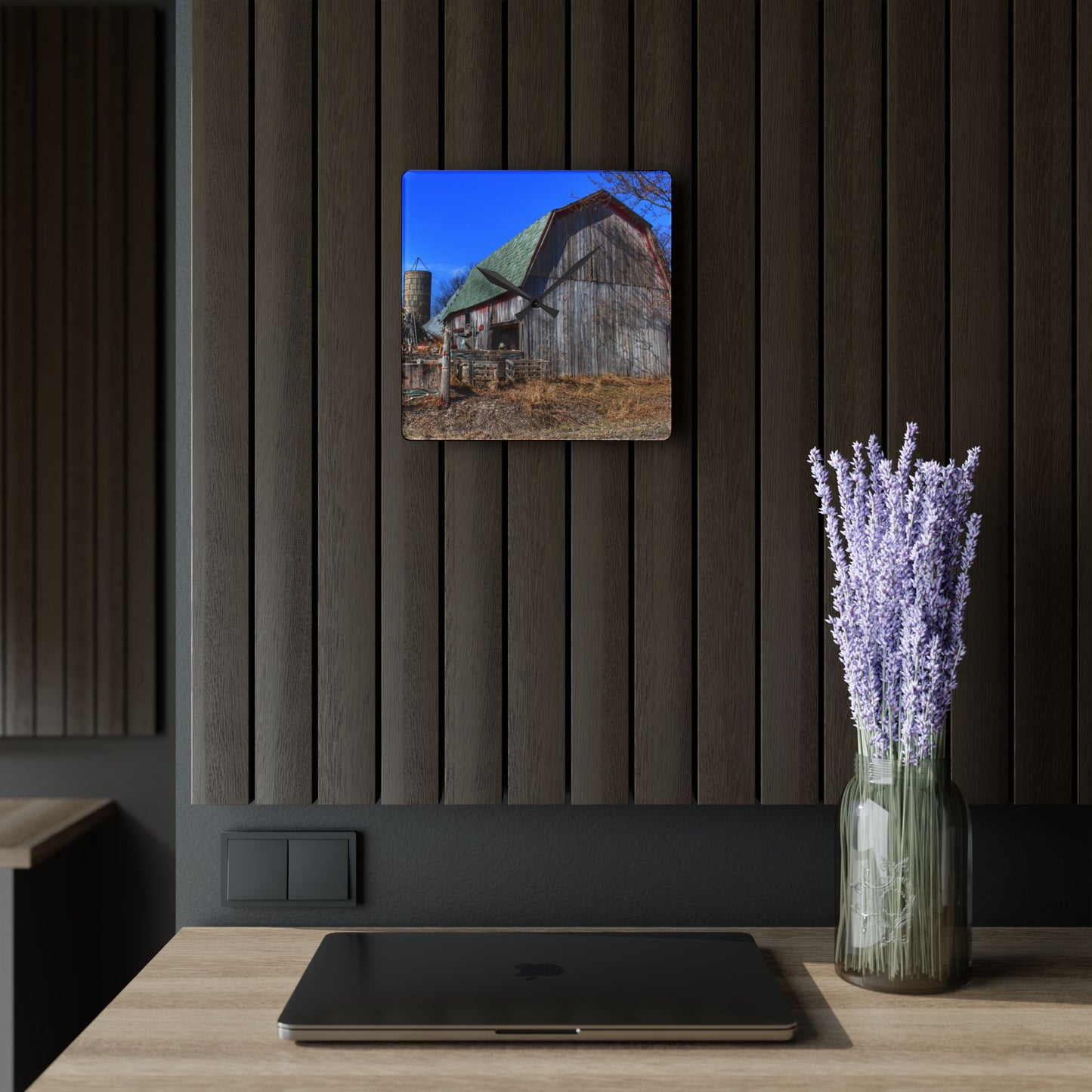 U R There Photography Romeo Plank Road Forgotten Greys Rustic Farmhouse Acrylic Analog Wall Clock