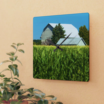 U R There Photography White Cornfield Barn Rustic Farmhouse Acrylic Analog Wall Clock