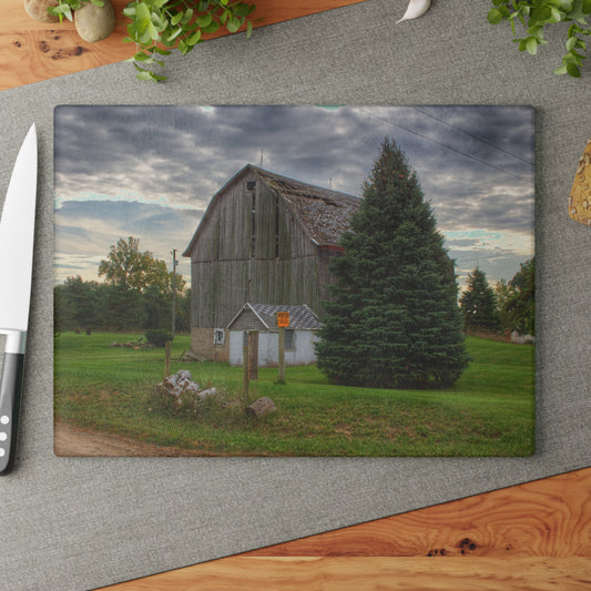 U R There Photography Rich Road Falling Grey II Rustic Farmhouse Tempered-Glass Cutting Board