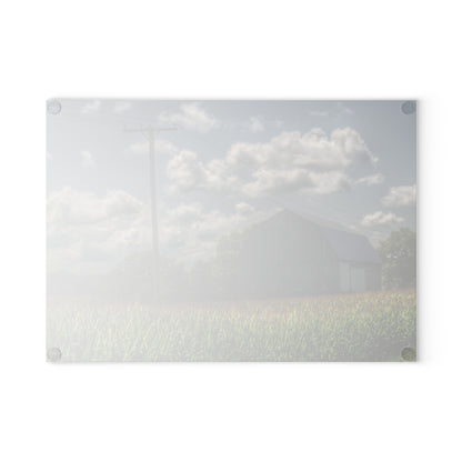 U R There Photography Grey Barn in a Cornfield Rustic Farmhouse Tempered-Glass Cutting Board