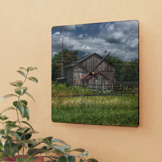 U R There Photography Millington Road Grey Horse Barn Rustic Farmhouse Acrylic Analog Wall Clock