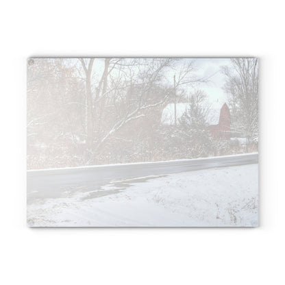 U R There Photography Dodge Road Winter Red Rustic Farmhouse Tempered-Glass Cutting Board