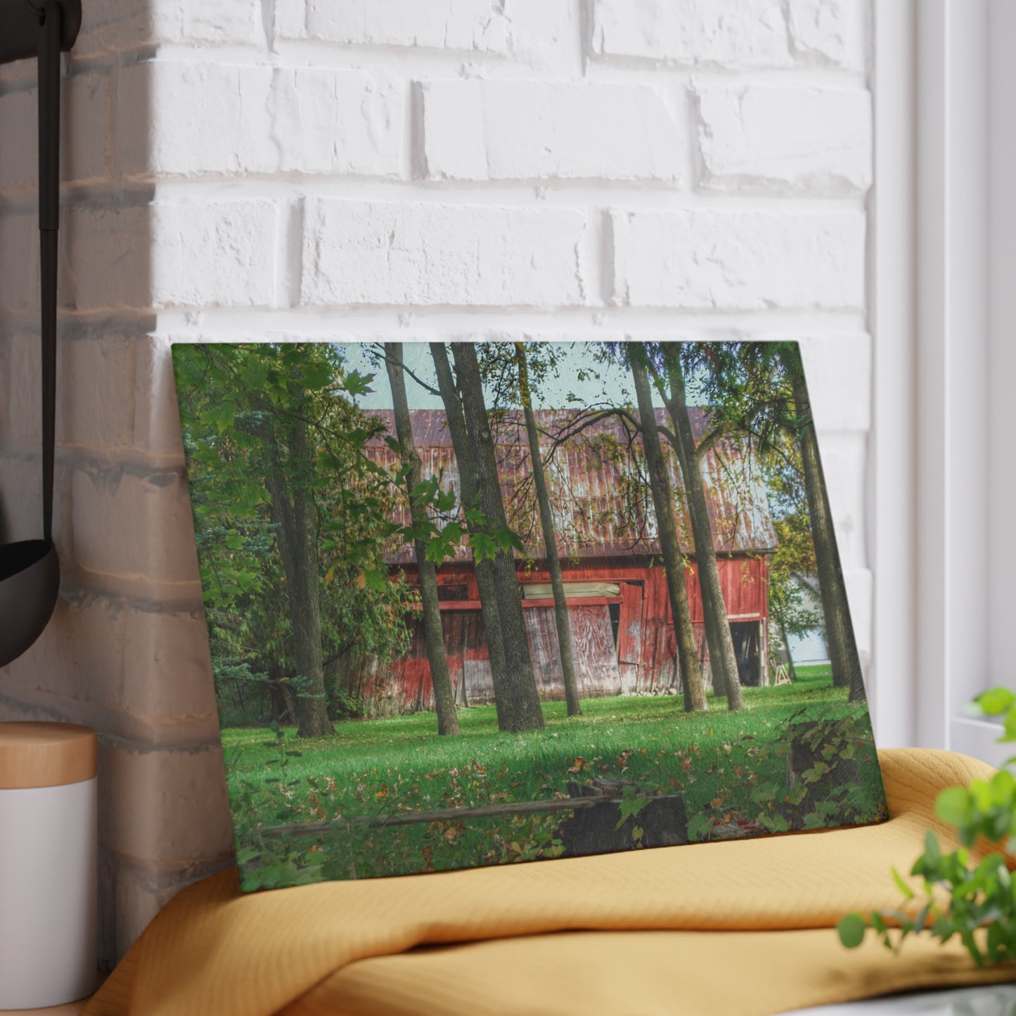 U R There Photography LeValley Falling Red Rustic Farmhouse Tempered-Glass Cutting Board