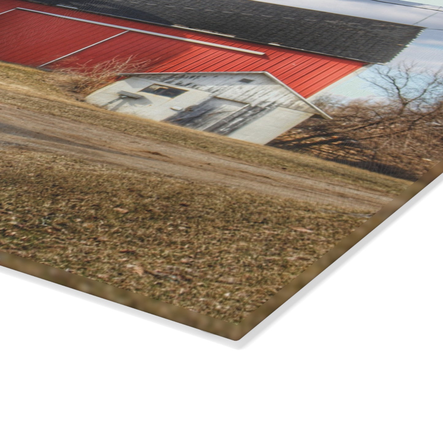 U R There Photography Mayville Road Red and Silo Rustic Farmhouse Tempered-Glass Cutting Board