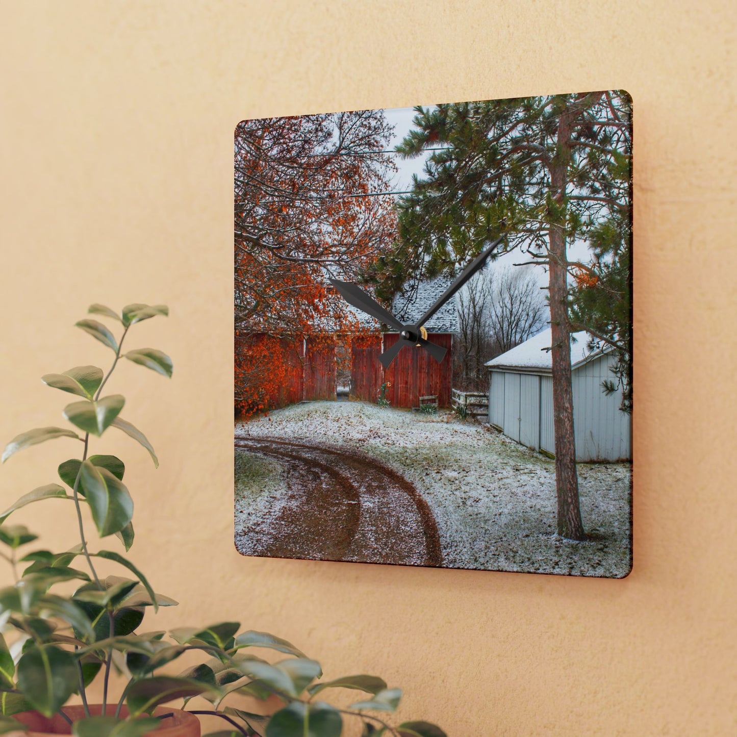 U R There Photography North Lake Pleasant Road Hidden Red Rustic Farmhouse Acrylic Analog Wall Clock
